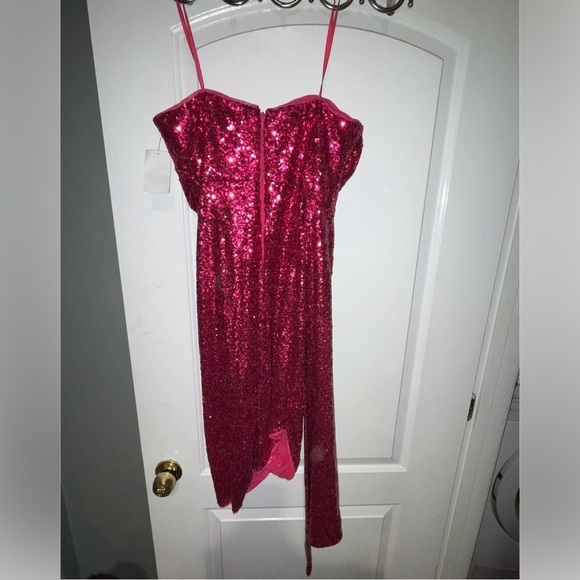 New!Jewel Badgley Mischka 🩷 Strapless Asymmetrical Sequined Draped Pink Dress 10 - Picture 9 of 12